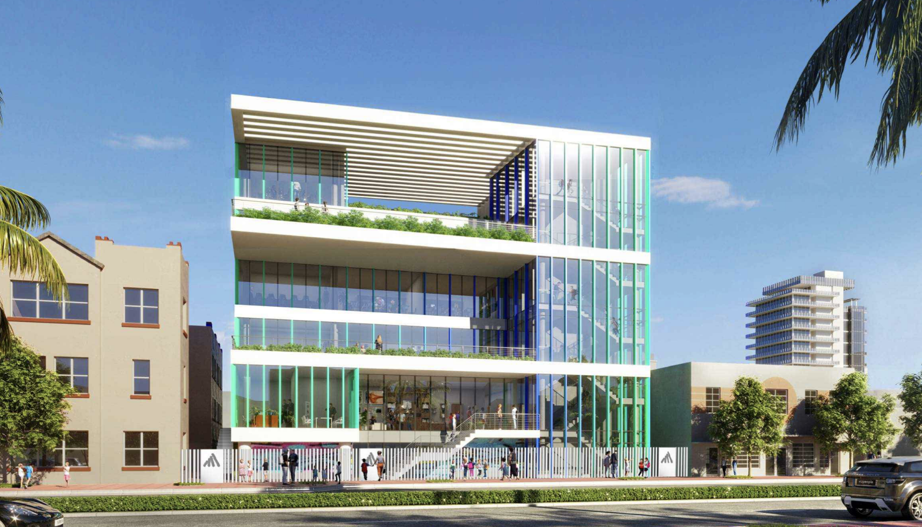 Architectural rendering of the massive new BaseCamp305 school building at 251 Washington Avenue