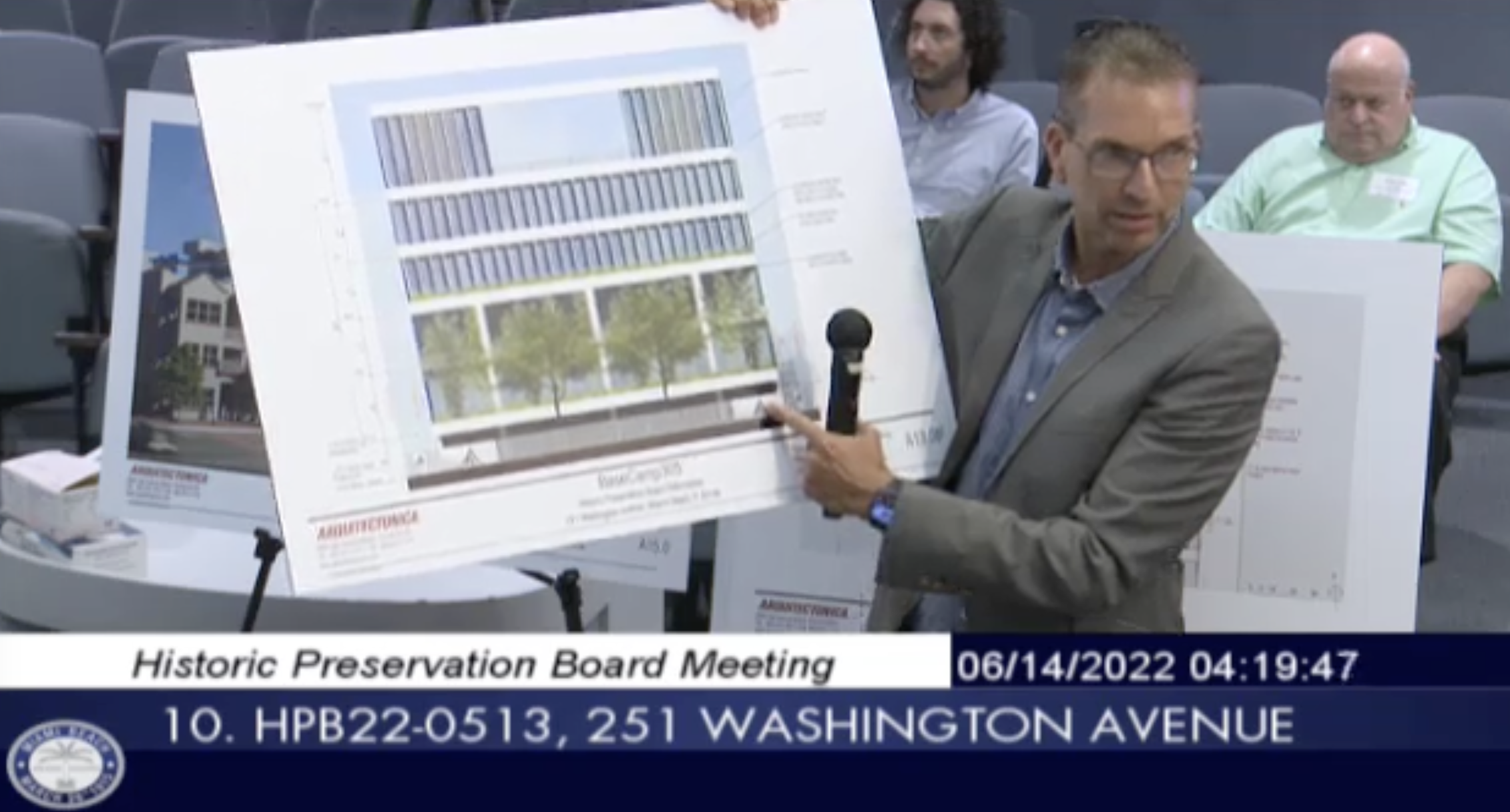 Screenshot from 2022 Historic Preservation Board meeting showing the 251 Washington Avenue school project being presented, including playground and sports space in the approved plans