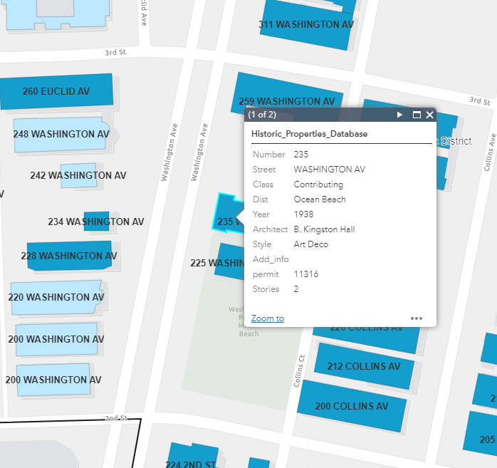 City of Miami Beach Historic Properties Database showing 235 Washington Avenue classified as Contributing, Art Deco, 1938, Architect B. Kingston Hall